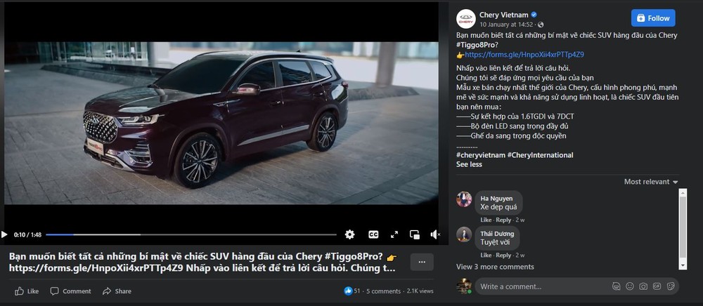 Chery Vietnam từng đăng tại bài post đính kèm file khảo sát ý kiến người dùng về Tiggo 8 Pro